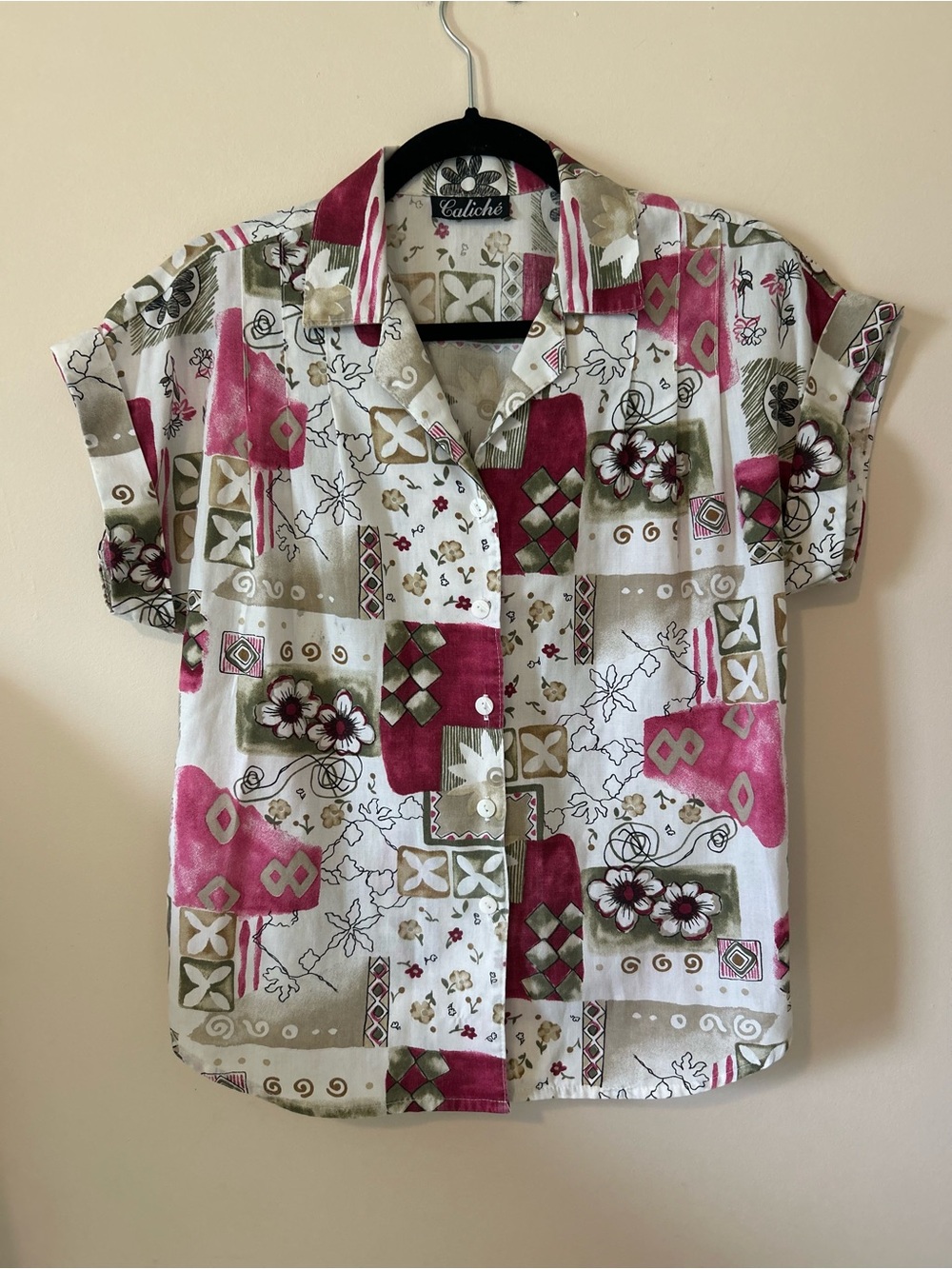 Vintage 90s Retro Patchwork Floral Button Up Blouse Boho Short Sleeve S M